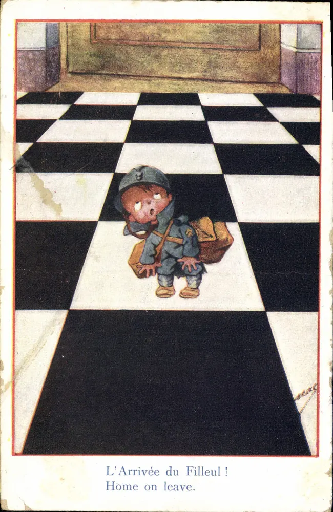 L'Arrivée du Filleul ! — Soldat en uniforme avec sac à dos sur un sol à damier — éditeur non visible - Vorderseite