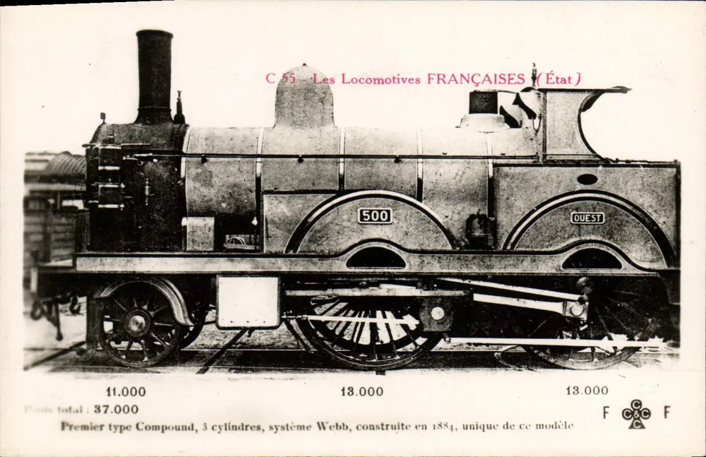 Locomotiva Compound a 3 cilindros — Primeiro tipo francês, construída em 1884 — Editor F. Pleudry, Paris - Frente
