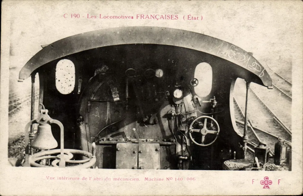 Innenansicht des Mechanikerraums — französische Lokomotive Nr. 140-006 — Verlag F. Fleury, Paris - Vorderseite
