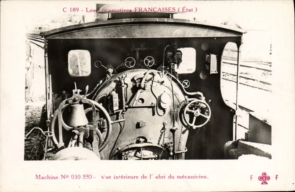 Innenansicht des Lokomotivführerabriegels — französische Lokomotive Nr. 030 830 — Verlag F. Pleury & Cie, Paris - Vorderseite