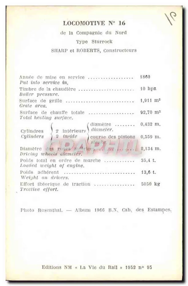 Dampflokomotive Nr. 16 — Sturrock-Typ — Compagnie du Nord — Editionen « La Vie du Rail » Nr. 95 - Rückseite
