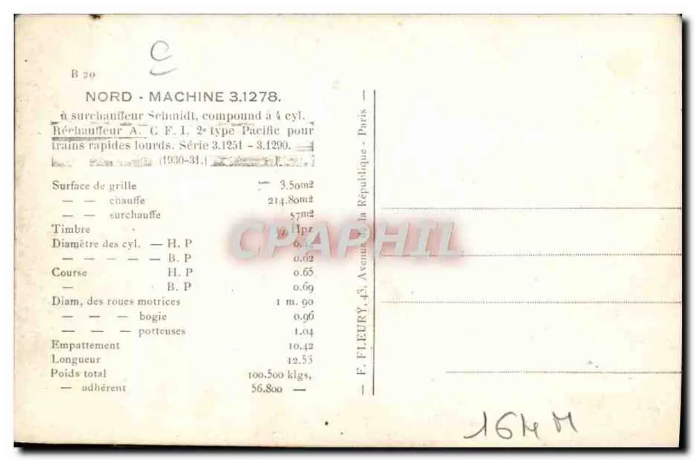 Locomotiva a vapor Norte - Máquina 3.1278 — Série 3.1251-3.1290 — F. Fleury, Paris - Verso