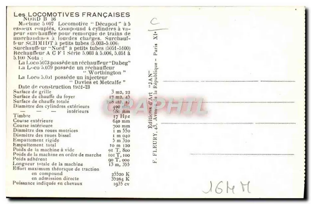Locomotiva Nord B 56 — Décapod com 5 eixos — Éditions d'Art 'JAN' Paris - Verso