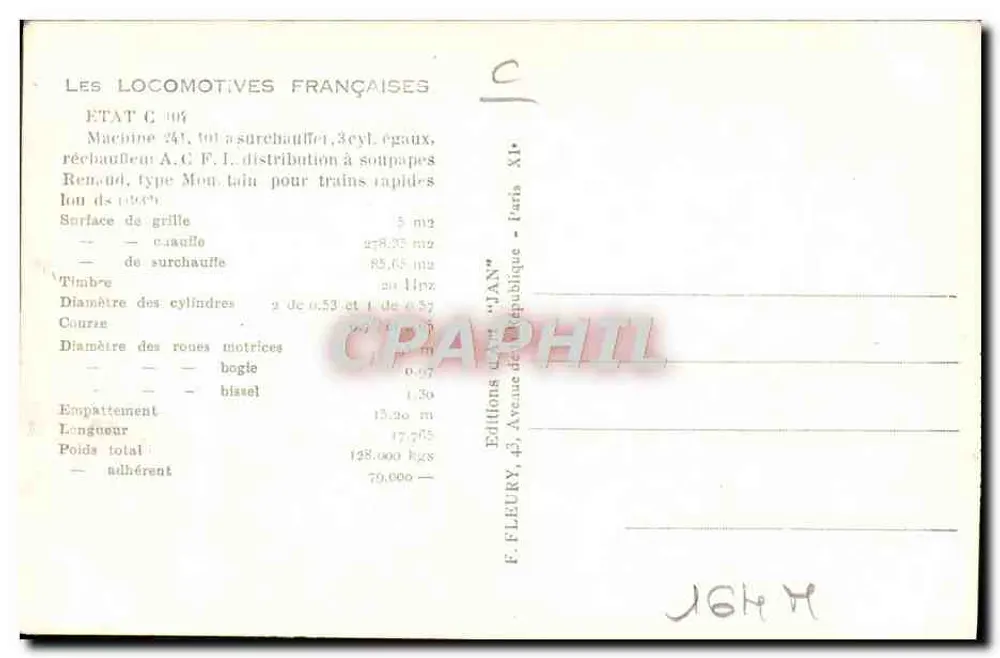 Locomotiva francesa ETAT C 108 — Editor F. Fleury, Paris - Verso