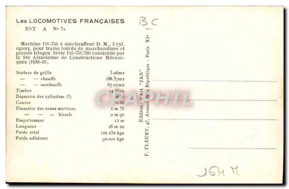 Locomotiva EST 151-759 — Série 151-759/780 — Éditions F. Fleury - Verso