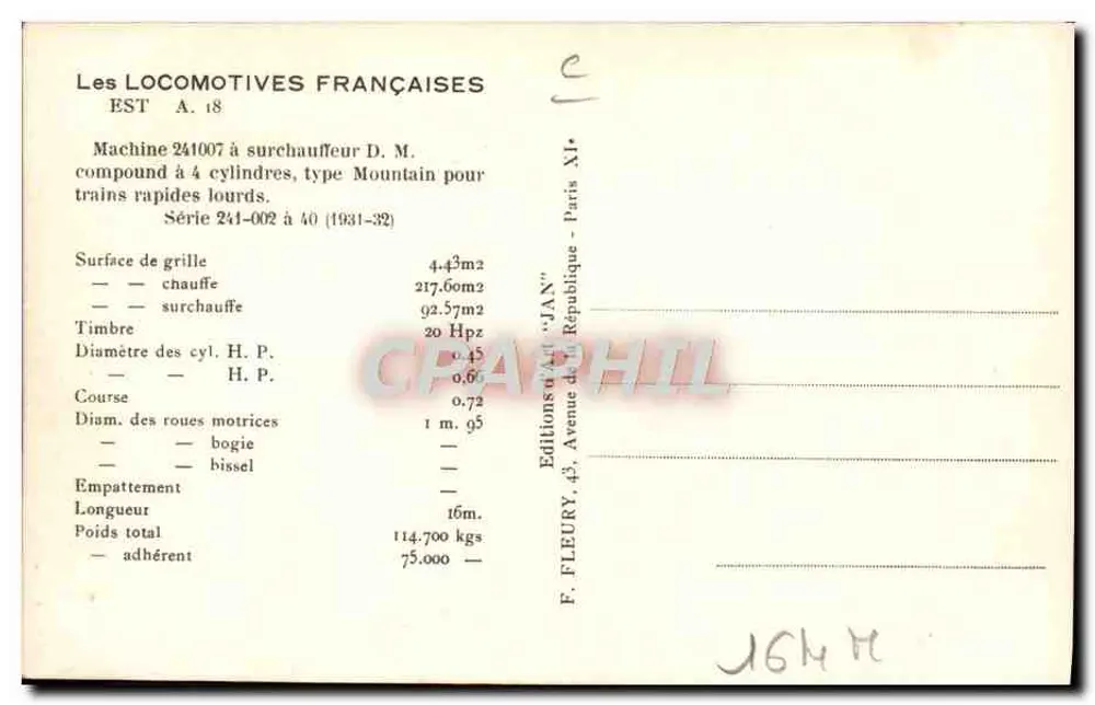 Locomotiva EST 241-007 — Machine à 4 cylindres, type Mountain — Editions d'Art 'JAN' Paris - Verso