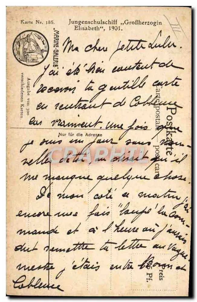 Buque escolar para chicas "Großherzogin Elisabeth" — 1901 — Marine-Galerie, Tarjeta postal Nr. 185 - Reverso