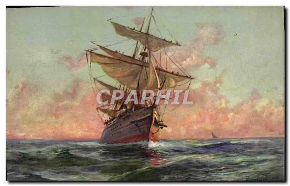 Navio a vela — pôr do sol — impresso na Suíça, n° 55 - Frente