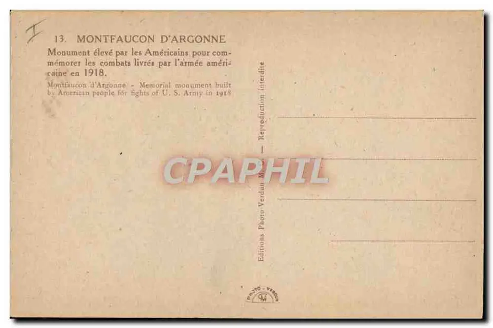 Montfaucon d'Argonne — Denkmal errichtet von den Amerikanern zur Erinnerung an die Schlachten, die die amerikanische Armee 1918 führte — Editions Photo Verdun - Rückseite