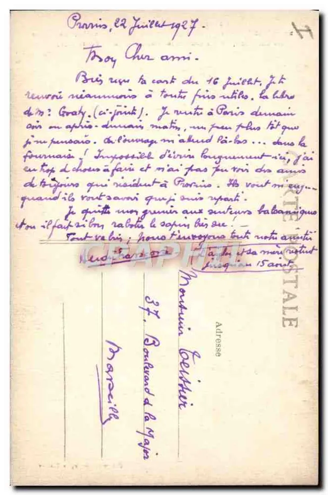 Previns — O Teatro — Inaugurado em 16 de Janeiro de 1875, construído no local da Antiga Igreja dos Cordeliers (estabelecida em torno de 1241) — Coleção Georges Tissler - Verso