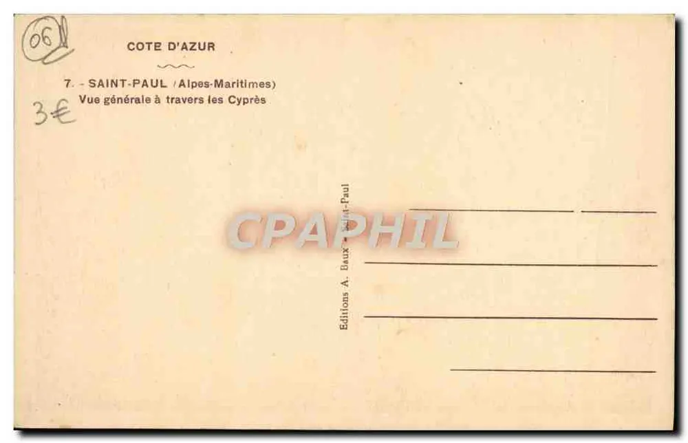 Saint-Paul (Alpes-Maritimes) — Allgemeiner Blick durch die Zypressen — Editions A. Baux - Saint-Paul - Rückseite