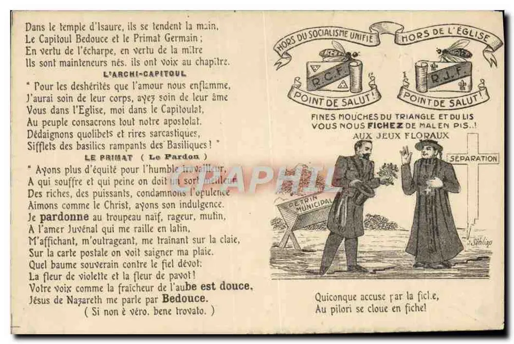 Templo de Izaure — sátira política com figuras de Capitoul e Primate — editor não identificado - Frente