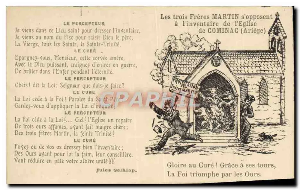 Os Três Irmãos MARTIN se opõem ao inventário da Igreja de COMINAC (Ariège) — caricatura política — Jules Selhiap - Frente