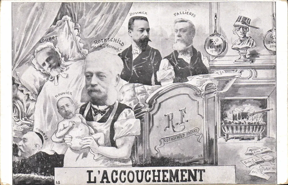 Die Geburt — politische Karikatur mit Rothschild und politischen Figuren — französische Ausgabe (A.M.L.) Paris - Vorderseite