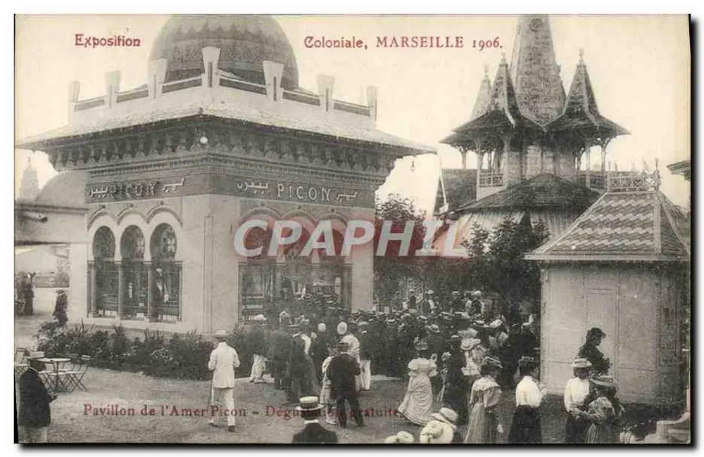 Kolonialausstellung, MARSEILLE 1906 — Pavillon des Amer Picon — Photo-stoliers Baudouin-Vincent, Marseille - Vorderseite