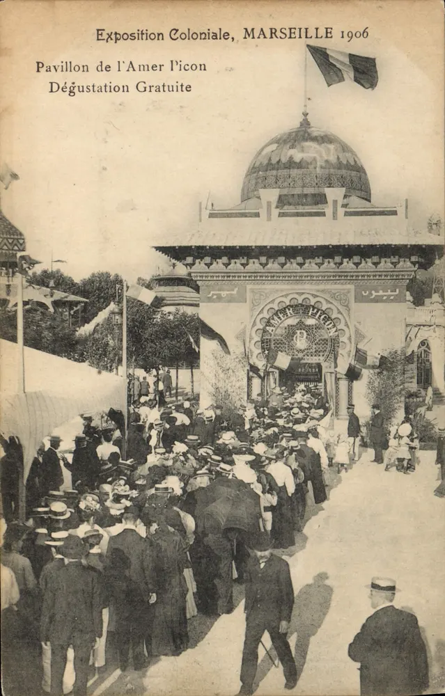 Kolonialausstellung, MARSEILLE 1906 — Pavillon des Amer Picon, Gratis-Probierkarte - Vorderseite