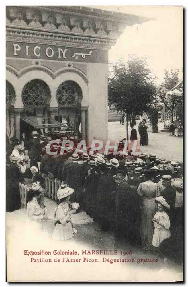 Kolonialausstellung, MARSEILLE 1906 — Pavillon des Amer Picon. Kostenlose Verkostung — Photo stéliers Baudonin-Vincent, Marseille - Vorderseite