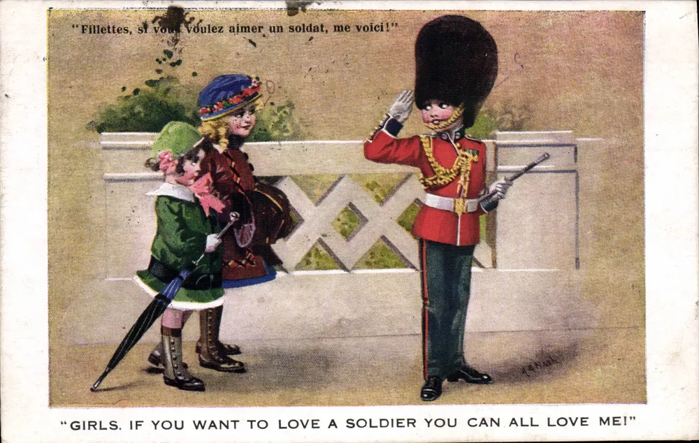 Soldado em uniforme vermelho — 'Menina, se quiseres amar um soldado, aqui estou!' — Inter-Art Co. Bell Lion Square, Londres, W.C., série TWELVE-FIFTY, n°1254 - Frente
