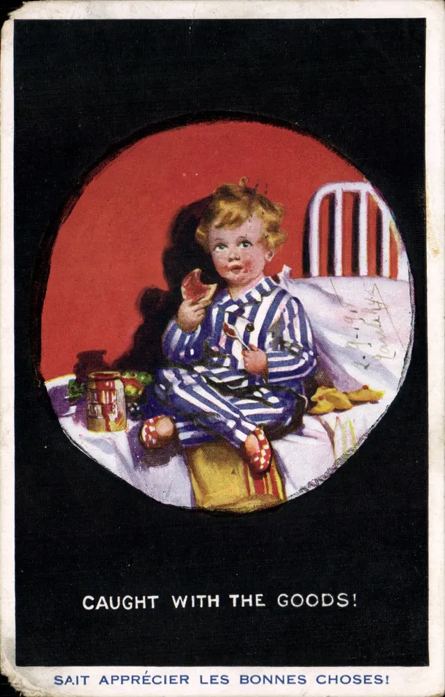 Niño en pijama rayado — escena de comida — British Art Co. No. 1-123 - Anverso
