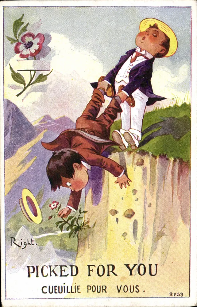 Dois meninos nas montanhas — um colhe uma flor para o outro — editor L. Lamy, n° 2753 - Frente
