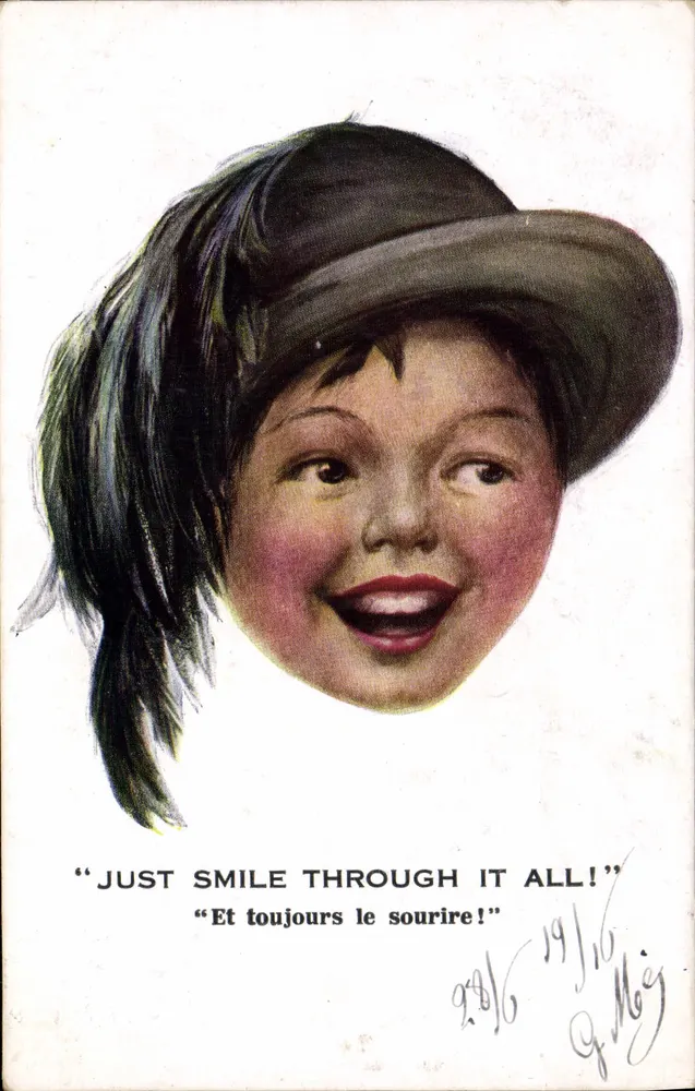 Criança sorrindo — 'Just Smile Through It All!' — Inter-Art Co. No. 1413 - Frente