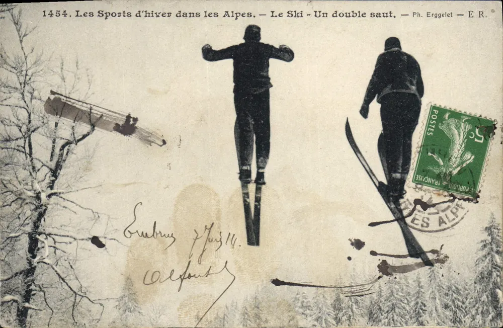 Les Sports d'hiver dans les Alpes — Le Ski — Un double saut — Ph. Erggelet — E R. - Vorderseite