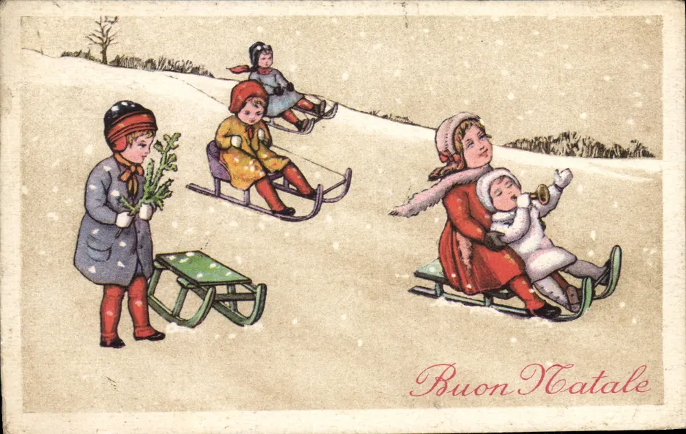 Kinder, die im Schnee spielen — Buon Natale — unbekannter Verlag - Vorderseite