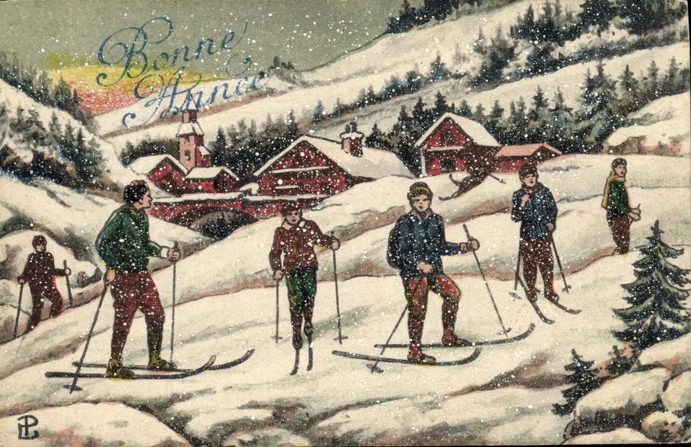 Esquiadores na montanha — Série N° 866 — Fabricação Francesa M. L. Paris - Frente