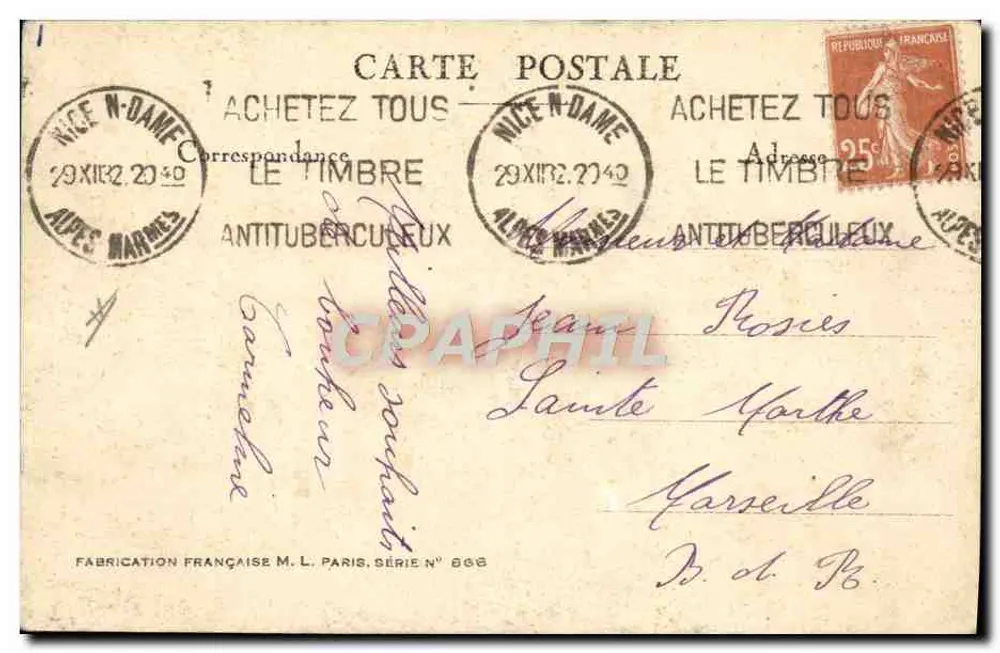 Esquiadores na montanha — Série N° 866 — Fabricação Francesa M. L. Paris - Verso