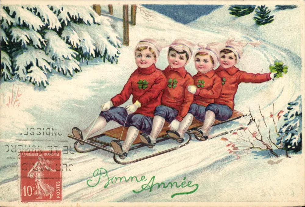 Kinder auf einem Schlitten — Winterlandschaft — unbekannter Verlag, Serie nicht sichtbar - Vorderseite