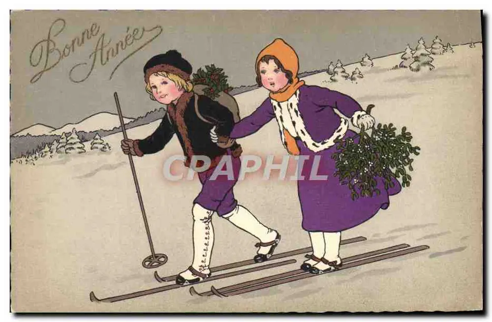 Zwei Kinder, die im Winterlandschaftski — Frohe Weihnachten — Verlag nicht sichtbar - Vorderseite