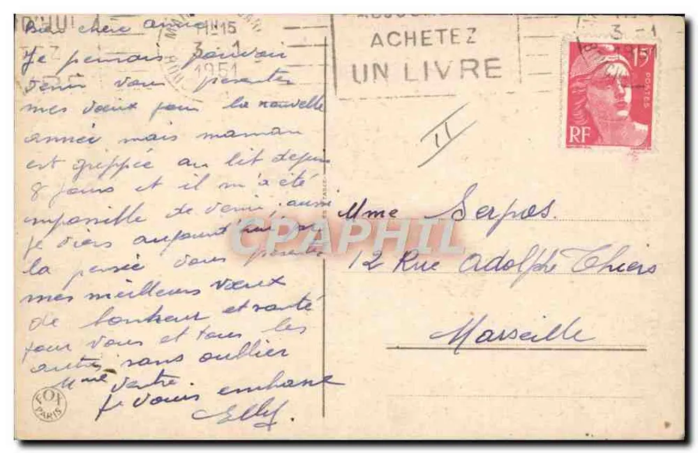 Ski in den Bergen — 'Heureuse Année' — M.B. - Rückseite