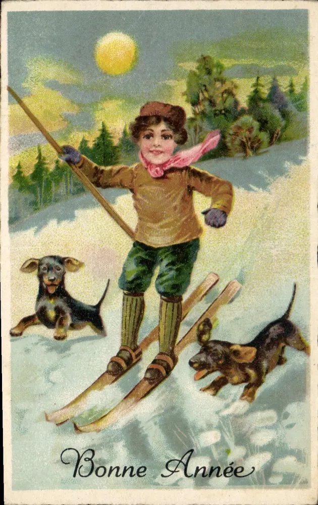 Schneesportkind mit Hunden — Frohe Neujahr — Nr. 261 - Vorderseite