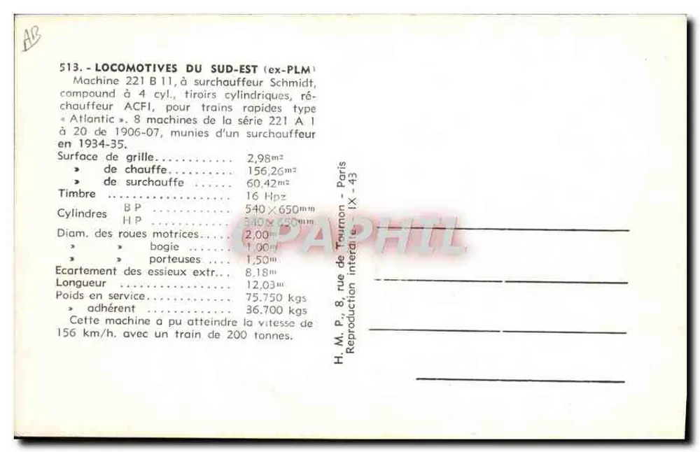 Locomotiva 221 B 11 — Sud-Est (ex-PLM) — H.M.P., Paris - Verso
