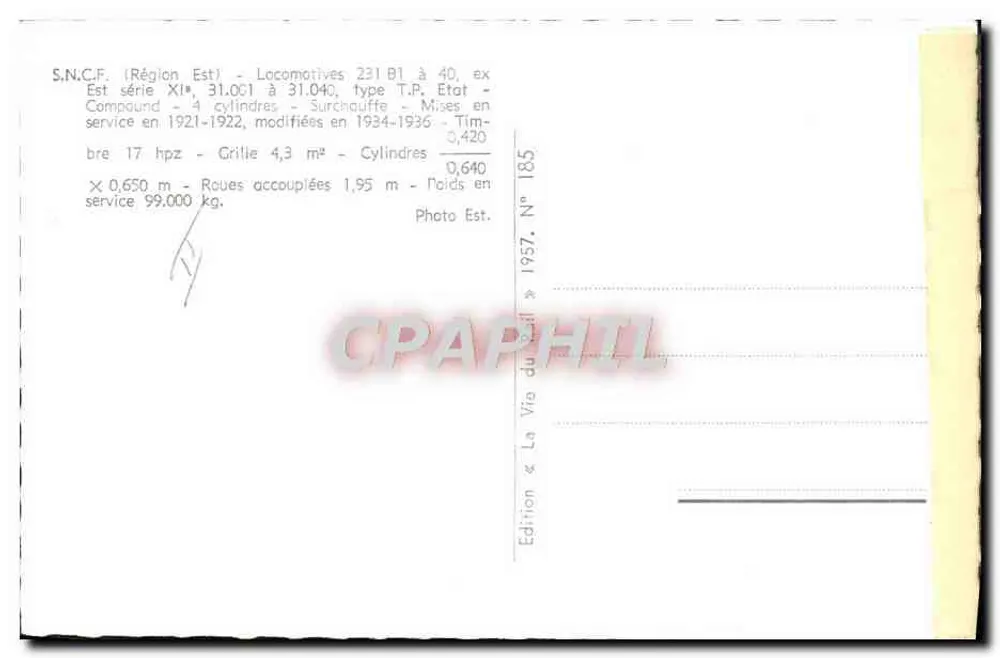 Locomotiva a vapor S.N.C.F. — Série 231.013 - Verso