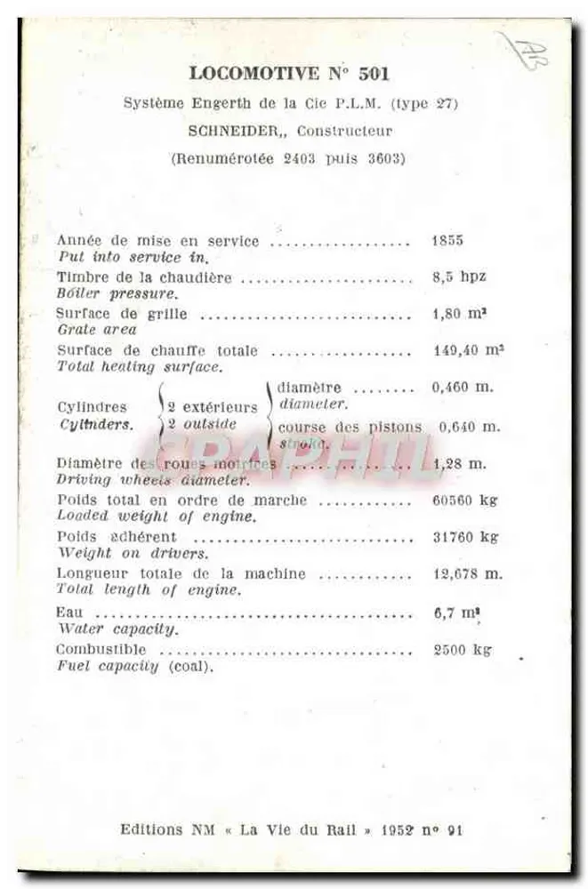 Locomotiva n° 501 — Sistema Engerth da Cie P.L.M. (tipo 27) — Schneider, Construtor — Edições NM «La Vie du Rail» 1952 n° 91 - Verso
