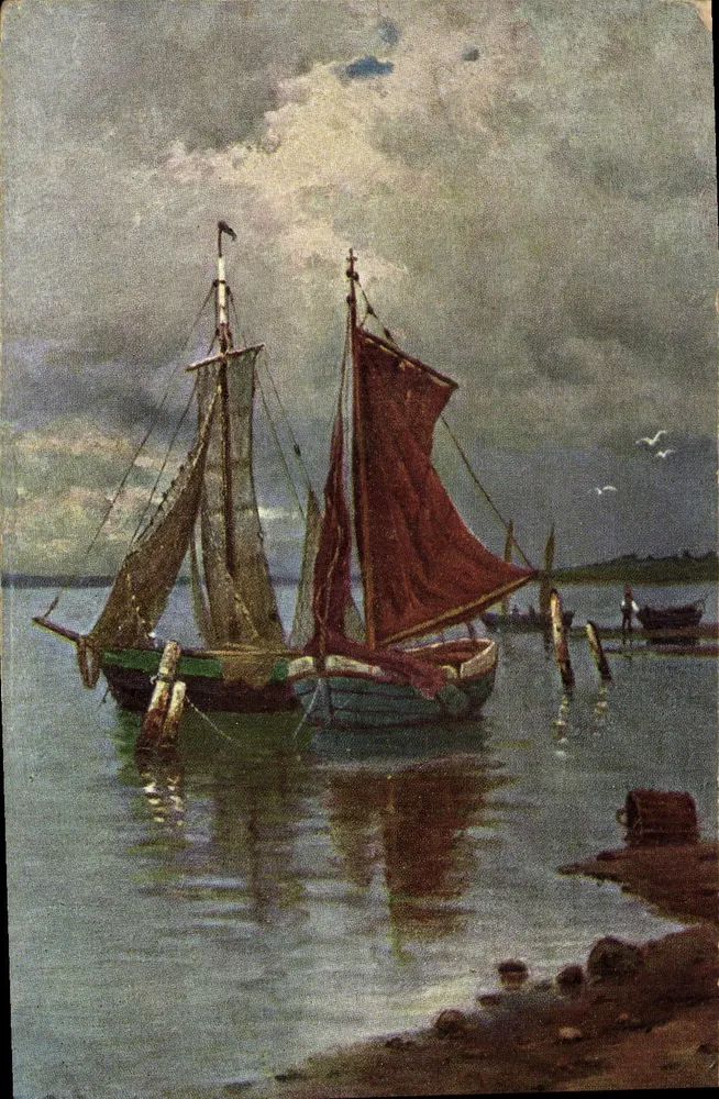 Embarcações a vela no porto — pintura — série 296 - Frente