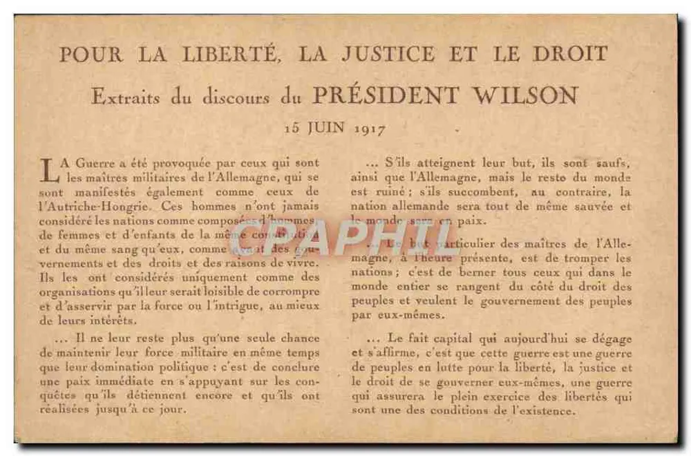 Porträt von Woodrow Wilson — Auszug aus der Rede vom 15. Juni 1917 — Visé, Paris, Nr. 81 - Rückseite