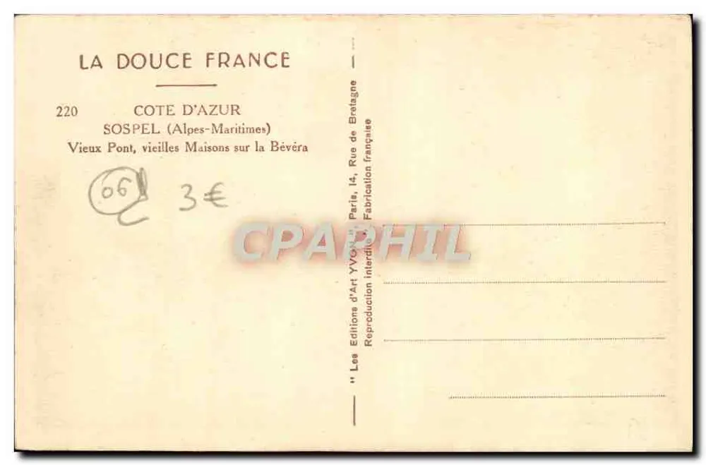 Sospel — Alter Brücke, alte Häuser am Bèvèra — La Douce France, Nr. 220 - Rückseite