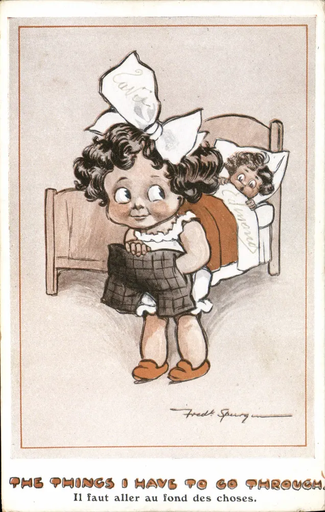 Kinder in einem Zimmer — humoristische Illustration — Fredt Spurg, Serie A, Inter-Art Co., London - Vorderseite