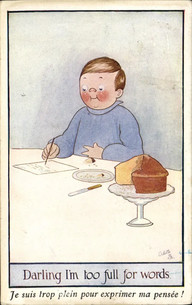 Kind vor einem Kuchen — Odellette — Tuck's Post Card, Serie IV, Nr. 3736 - Vorderseite