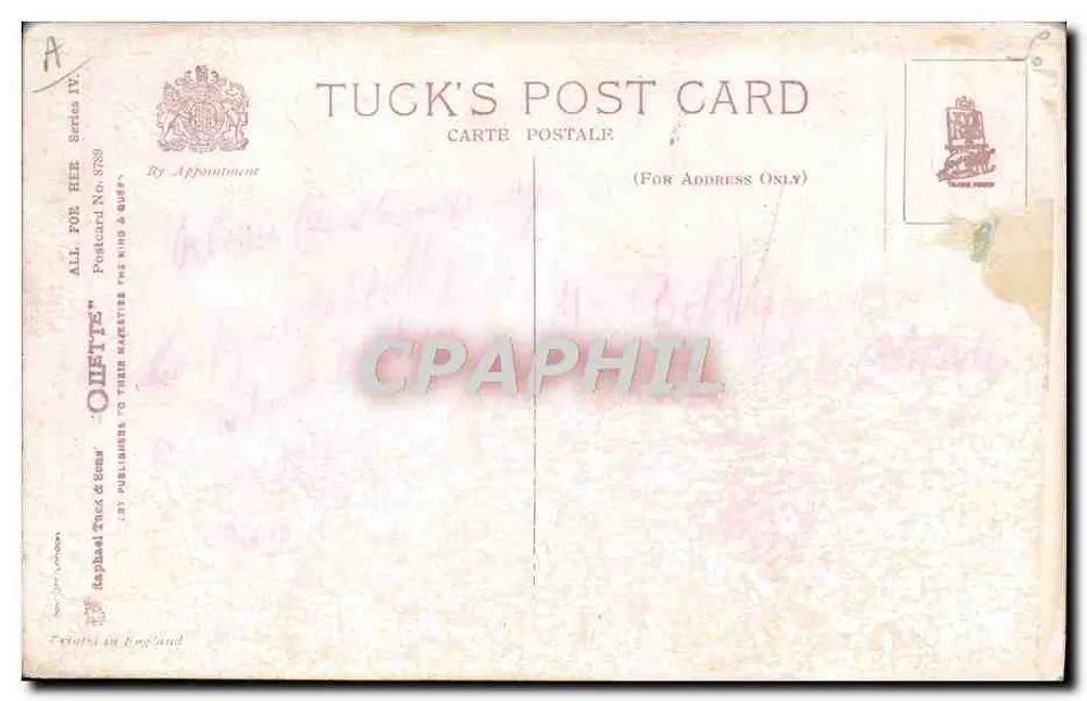 Kind vor einem Kuchen — Odellette — Tuck's Post Card, Serie IV, Nr. 3736 - Rückseite
