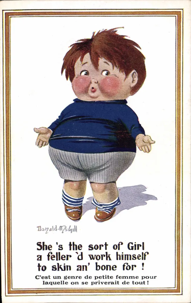Puffiges Kind — humoristische Karikatur — Donald-McGill, Serie 'Comique' Nr. 1711 - Vorderseite