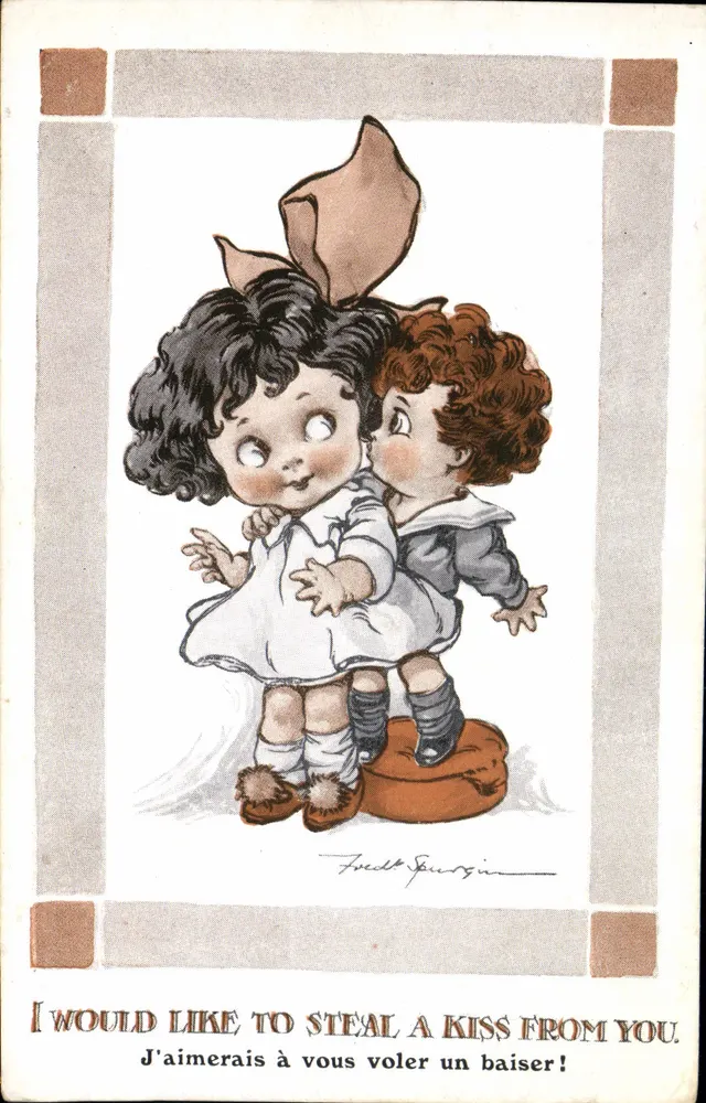 Küssende Kinder — 'Ich würde gerne einen Kuss von Ihnen stehlen!' — Inter-Art Co., Serie GIRLLIE, Nr. 530 - Vorderseite