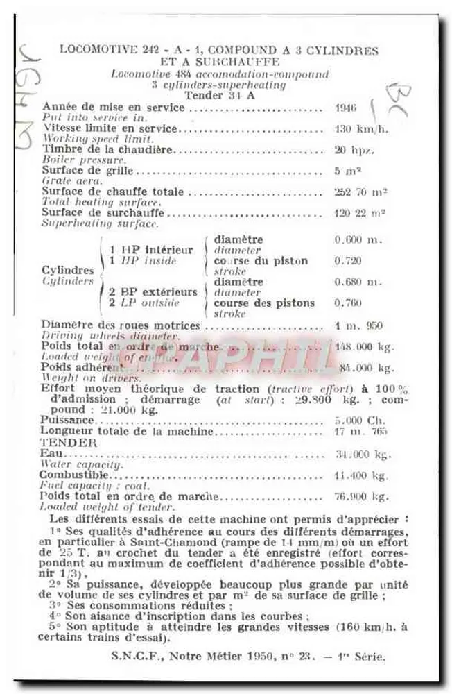 Locomotiva 242 - A 4, composta com 3 cilindros e superaquecimento — S.N.C.F., 4ª série - Verso