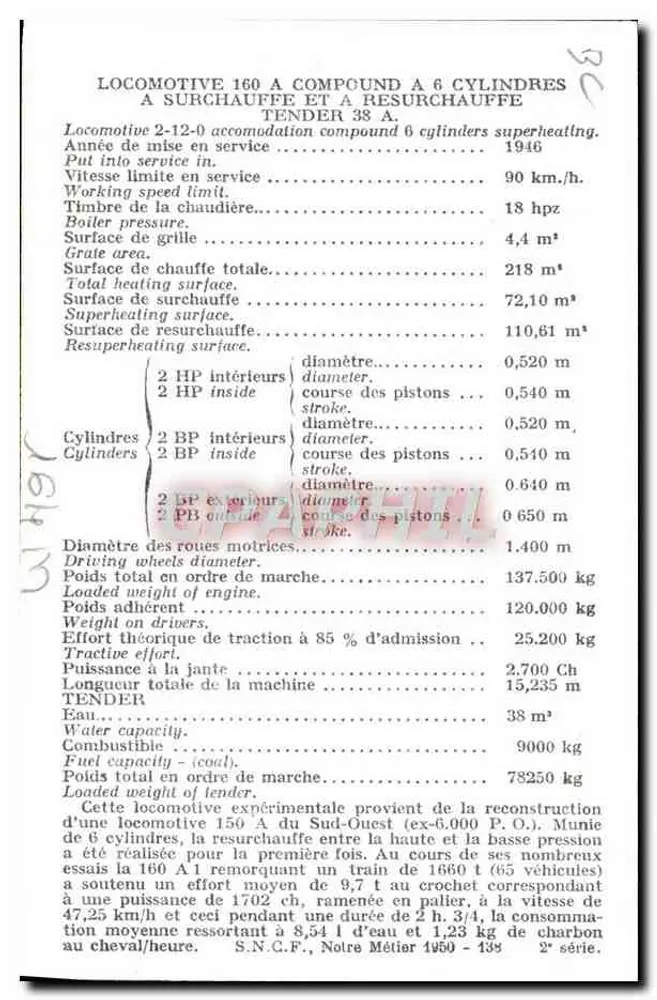 Locomotiva 160 A.1 — S.N.C.F. — 2ª série — 1946 - Verso
