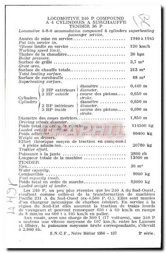 Locomotiva 240 P Compound — Sudoeste — S.N.C.F. - Verso