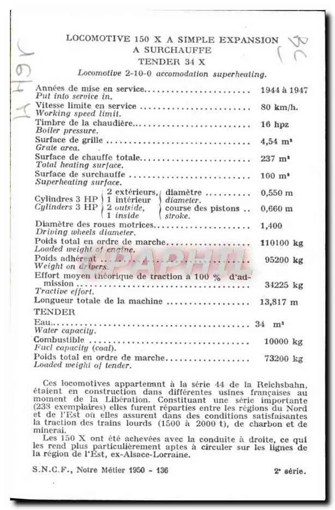 Locomotywa 150 X z przegrzaniem — seria 44 Reichsbahn — S.N.C.F. 1950-136 - Rewers