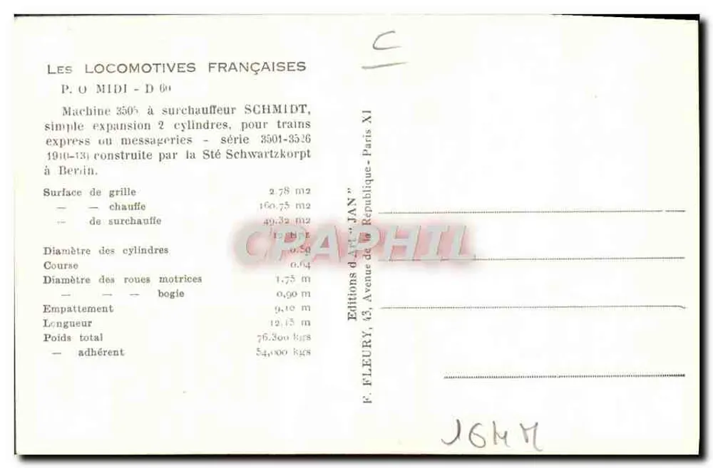 Locomotiva com superaquecedor Schmidt — série 3501-3536 — Edições F. Fleury - Verso