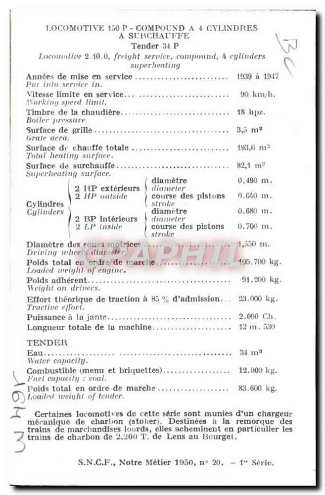 Locomotive 150 P Compound z 4 cylindrami — S.N.C.F., Nasz zawód 1950, nr 20 — 1. seria - Rewers